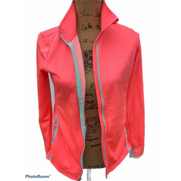 🍒 2/$20 🍒  Zip Up Jacket Orange & Mint Green Trim, Pockets & Thumb Loops sz M - Picture 1 of 5